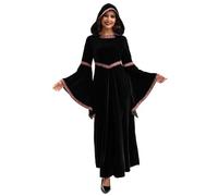 Csafyrt Medieval Dress for Women, Long Sleeve Vampire Dress, Embroidery Hooded Renaissance Costume Women for Halloween Party Cosplay, L