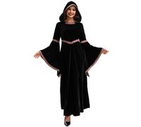Csafyrt Medieval Dress for Women, Long Sleeve Vampire Dress, Embroidery Hooded Renaissance Costume Women for Halloween Party Cosplay, M