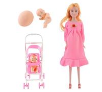 Csafyrt Pregnant Doll with Baby in Tummy 12" Movable Joint Pregnant Mother with Trolley for Kids, Dollhouse Accessories, Style 2