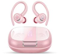 Csasan Sport Wireless Earbuds, Bluetooth 5.3 Headphones with Secure Earhooks & ENC Mic, 48H Playtime Hi-Fi Bass Ear Buds, IPX7 Waterproof Earphones for Running, Gym and Cycling, LED Display, Pink