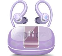 Csasan Sport Wireless Earbuds, Bluetooth 5.3 Headphones with Secure Earhooks & ENC Mic, 48H Playtime Hi-Fi Bass Ear Buds, IPX7 Waterproof Earphones for Running, Gym and Cycling, LED Display, Purple