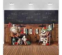 CSFOTO 10x7ft Back to School Backdrops for Photography Vintage Wooden Classroom Math Problem on Blackboard Background Globe Book Theme Background First Day of School Children Photo Wallpaper
