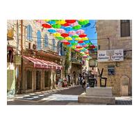 CSFOTO 7x5ft Jerusalem Old Street Backdrop Colorful Umbrella Street Ancient Stone Wall Buildings Jerusalem Cityscape Israel Background for Party Event Decor Banner Portrait Photo Props