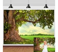 CSFOTO Polyester 7x5ft Huge Green Tree Backdrop Rural Scenery Field Spring Summer Countryside Outdoor Picnic Background Vacation Tour Holiday Photo Wallpaper