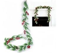 CSGHMM 6 FT Christmas Pine Needles Garland Artificial Cedar Wreath with Red Berries Pine Needles Faux Garland Wreaths Cedar, Green Plants Wreaths for Fireplace Table New Year Winter Xmas Home Decor