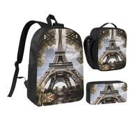 CSGJMYGS Eiffel Tower French Paris Monument Backpack Set 3 PCS - 17 Inch Laptop Backpack with Lunch Bag, Waterproof Daypack Insulated Lunch Box Large Capacity Coin Pouch Personalized Gift