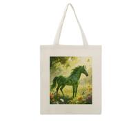 CSGJMYGS Green Horse Pattern Cotton Polyester Blend Canvas Tote Bag | Green Horse Pattern Reusable Multipurpose Fabric Handbag for Shopping Daily Errands Carry All Storage Bag