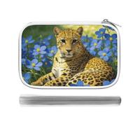 CSGJMYGS Leopard Blue Flowers Multi-Functional PU Pen Case, Waterproof Zipper Stationery Organizer, Portable Storage Pouch for Office Supplies Cosmetics Travel Accessories And Daily Use