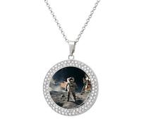 CSGJMYGS Necklace Round Coin Pendant Necklace Charm Round Pendant Necklaces | Astronaut Landing on The Moon Fashion jewelry necklace, charm circle chain pendant for women men wife