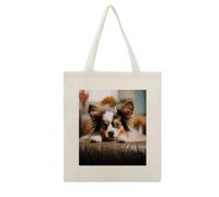 CSGJMYGS Papillon Lying on Tummy Cotton Polyester Blend Canvas Tote Bag | Papillon Lying on Tummy Reusable Multipurpose Fabric Handbag for Shopping Daily Errands Carry All Storage Bag