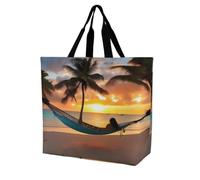 CSGJMYGS Reusable Grocery Tote Bags, Large Shoulder Shopping Bag for Women | Coconut Beach Sunset Hammock grocery bags, casual tote handbag, washable foldable shoulder bag for work travel market