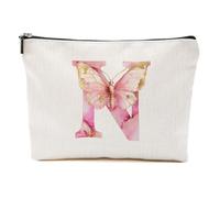 CSHVJ Initial Makeup Bag Floral Personalized Cosmetic Bag Monogrammed Gifts for Women Wedding Bridal Shower Gifts, Pink Butterfly, 9.62 * 7.42 Inches, N