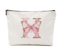 CSHVJ Initial Makeup Bag Floral Personalized Cosmetic Bag Monogrammed Gifts for Women Wedding Bridal Shower Gifts, Pink Butterfly, 9.62 * 7.42 Inches, H