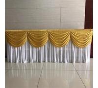 CSHWXY 10/20FT Optional Long Ice Silk Table Skirt Tablecloth Skirting With Top Swag Drape For Wedding Birthday buffet table Decoration,White and gold,H75 x W300CM(10FT)