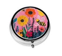 CSIVKEJ Bee Flowers Print Round Pill Box 3 Compartment Pocket Purse Portable Mini Travel Medicine Tablet Vitamin Holder Organizer