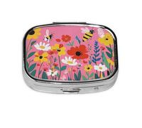 CSIVKEJ Bee Flowers Print Square Pill Box 2 Compartment Decorative Pocket Purse Portable Mini Travel Medicine Holder Organizer