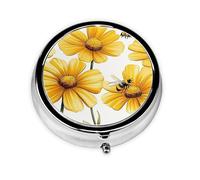 CSIVKEJ Bee Sunflower Print Round Pill Box 3 Compartment Pocket Purse Portable Mini Travel Medicine Tablet Vitamin Holder Organizer