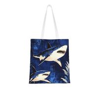 CSIVKEJ Blue Shark Print Canvas Tote Bag Women Casual Shoulder Bag Reusable Multipurpose Grocery Bag