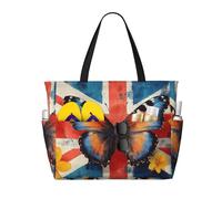 CSIVKEJ British Flag Butterfly Print Beach Bags For Women Waterproof Beach Swim Pool Bag With Zipper For Travel Vacation