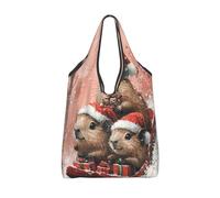 CSIVKEJ Christmas Capybaras Print Reusable Grocery Bags With Handles Lightweight Folds Into A Small Pouch Washable Design 1PCS