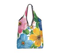 CSIVKEJ Colorful Beautiful Flowers Print Reusable Grocery Bags With Handles Folds Into A Small Pouch Washable Design