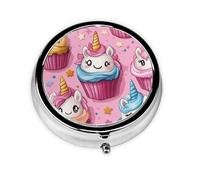 CSIVKEJ Cute Cup Cake with Unicorn Print Round Pill Box 3 Compartment Decorative Pocket Purse Portable Mini Travel Medicine Holder Organizer