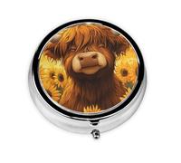 CSIVKEJ Cute Highland Cow Print Round Pill Box 3 Compartment Decorative Pocket Purse Portable Mini Travel Medicine Holder Organizer