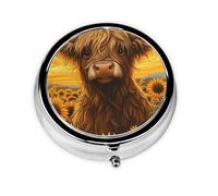 CSIVKEJ Cute Highland Cow Print Round Pill Box 3 Compartment Decorative Pocket Purse Portable Mini Travel Medicine Holder Organizer