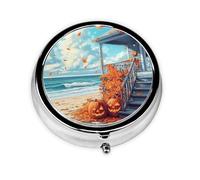 CSIVKEJ Fall Beach Print Round Pill Box 3 Compartment Decorative Pocket Purse Portable Mini Travel Medicine Holder Organizer