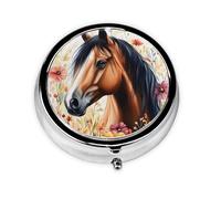 CSIVKEJ Horse and Flowers Print Round Pill Box 3 Compartment Decorative Pocket Purse Portable Mini Travel Medicine Holder Organizer