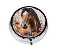 CSIVKEJ Horse and Flowers Print Round Pill Box 3 Compartment Decorative Pocket Purse Portable Mini Travel Medicine Holder Organizer