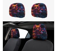 CSIVKEJ Neon Cat Print Car Head Rest Covers 2 Piece Car Seat Headrest Protector Fit Most Vehicles Auto Interior Accessories