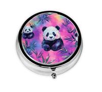 CSIVKEJ Neon Pandas and Bamboo Print Round Pill Box 3 Compartment Decorative Pocket Purse Portable Mini Travel Medicine Holder Organizer