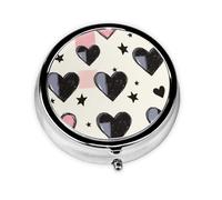 CSIVKEJ Pink and Black Heart Print Round Pill Box 3 Compartment Decorative Pocket Purse Portable Mini Travel Medicine Holder Organizer