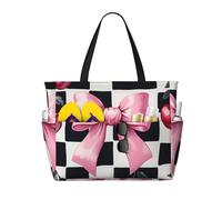 CSIVKEJ Pink Cherry Bow Print Beach Bags For Women Waterproof Beach Swim Pool Bag With Zipper For Travel Vacation