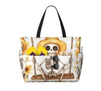 CSIVKEJ Skeleton Sunflowers Print Beach Bags For Women Waterproof Beach Swim Pool Bag With Zipper For Travel Vacation