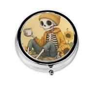 CSIVKEJ Skeleton Sunflowers Print Round Pill Box 3 Compartment Decorative Pocket Purse Portable Mini Travel Medicine Holder Organizer