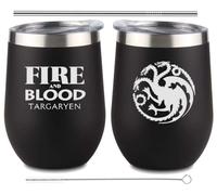 CSM Supply FIRE & BLOOD - House Dragon Targaryen Black Stainless Steel Double Insulated Stemless 12oz Mug (1 MUG) - Metal Game Straw w Cleaning Brush Included