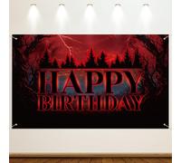 Csoisoy Black Red Happy Birthday Backdrop, 6x3.6ft Horror Style Eerie Tree Party Background Large Fabric Birthday Banner for Halloween Themed Party Decorations Room Wall Photo Booth