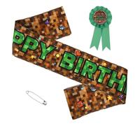 Csoisoy Pixel Birthday Sash & Badge Pin Set, Video Game Theme Happy Birthday Sash & Button Badge for Boys Girls Kids Themed Party Favors and Decoration Supplies