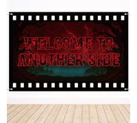 Csoisoy Welcome to Another Side Backdrop, 5x3ft Film Strip Style Dark Retro Horror Wall Photo Background Eerie Tree and Red Sky Banner Decoration for Halloween Birthday Party Photo Booth Room Decor