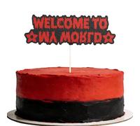Csoisoy Welcome To My World Cake Topper, Glitter Paper Red & Black Horror Theme Cake Topper with Man-Eating Flower Patterns for Birthday Halloween Party Supplies