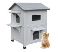 CSQOO Plastic 2 Story Outdoor Cat House with Escape Door, Waterproof Cat House for Feral Cats for Outdoor Indoor Use, Sturdy Cat Houses for Outdoor Cats, Clean & Assemble Easily(Grey)