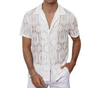 Csqopt Mens Floral Lace Shirt Casual Mesh Sexy Sheer See Through Short Sleeve Beach Button Down Shirts, White, Large