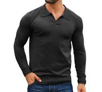 Csqopt Mens Knit Polo Shirts Casual V Neck Slim Fit Polo Shirts Long Sleeve Wool Knit Pullover Sweater, Black, S