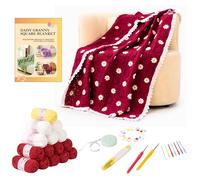 CSWCS Crochet Blanket Kit for Beginner, 3D Daisy Granny Square Throw Kit with Yarn, Hooks, Pattern Guide & Tools, All-in-One DIY Floral Craft Set for Adults (Crimson Daisy, 40x31 inches)
