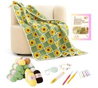 CSWCS Crochet Blanket Set for Beginners, Sunflower Grandma Square Crochet Blanket Set for Adults, Easy Knitting with Yarn Accessories, Book and Video Tutorials for Beginners (47" x 39")