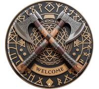 CSWLJS Vintage Round Metal Axe “WELCOME” Sign - 8x8″ Wall Decor for Home, Porch, Garage, Man Cave, Viking Lodge - Durable Indoor/Outdoor Gift