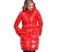 CSY Ladies Slim Solid Color Hooded Long Sleeved Long Down Coat Red S