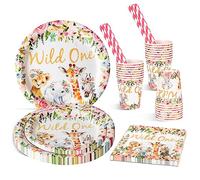 CSYY First Party Tableware Set for 24 People, 120Pcs Paper Birthday Dinnerware Set, Wild ONE Year Girl with Animals Jungle Safari Kids, Plates Napkins Cups Straws Supplies (91-Party Packs-120PCS)